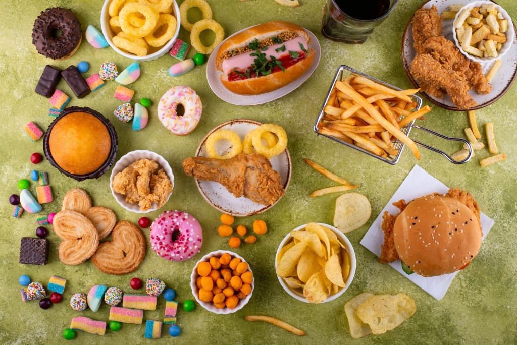 Assortment of various unhealthy junk food gut health 