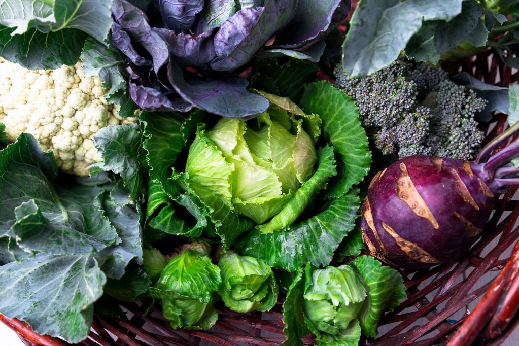 Various of Cabbage Broccoli Cauliflower. Assorted of Cabbages in Basket. for hormone health and balance